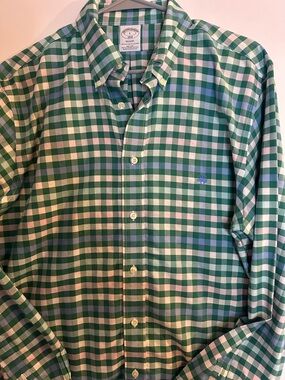 Brooks Brothers Green and White Gingham Button-Down Shirt